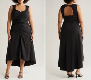 CHELSEA28 | Black Ruched High Low Cutout Back Midi Dress | 1X